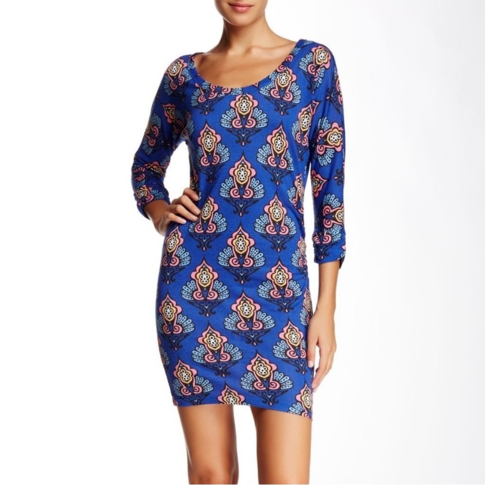 Satva Organic Cotton Modal Damask Dress S Blue Pink Ruched Asymmetric